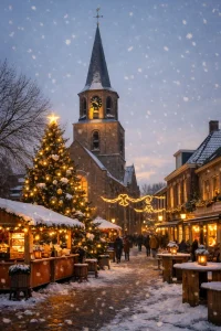 Sfeervolle winkelstraat in Ridderkerk met kerstverlichting en sneeuw