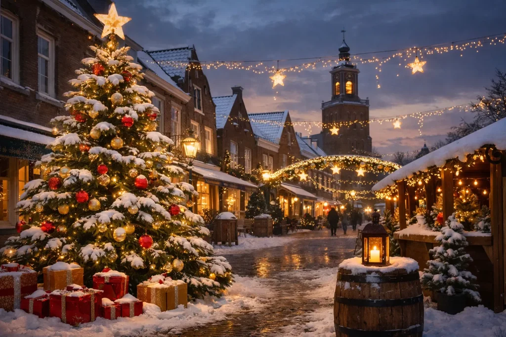 Kerstverlichting in winkelstraat Ridderkerk, winteravond