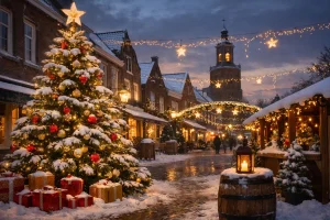 Kerstverlichting in winkelstraat Ridderkerk, winteravond