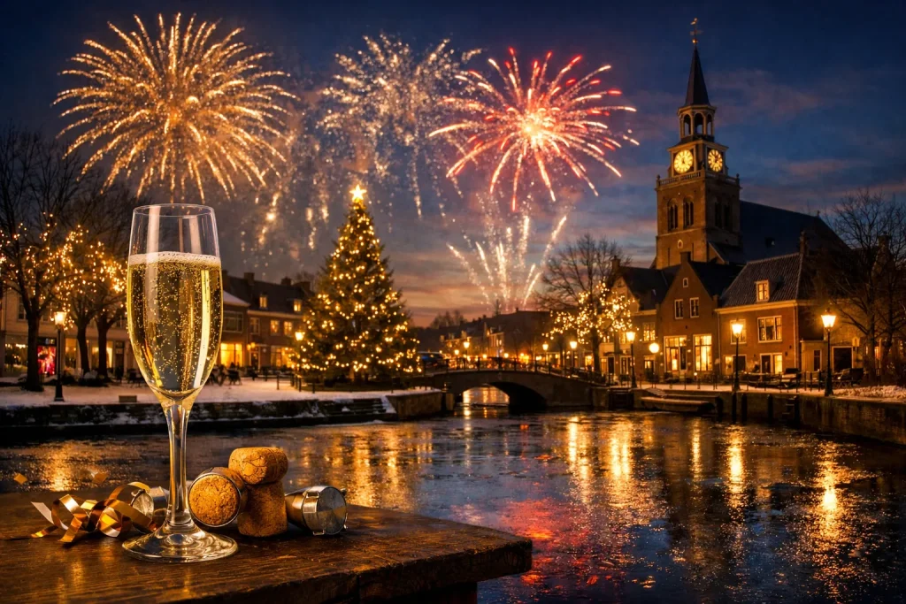 Vuurwerk boven een verlichte dorpskern in Ridderkerk zonder tekst in beeld.