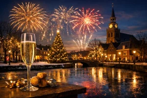 Vuurwerk boven een verlichte dorpskern in Ridderkerk zonder tekst in beeld.