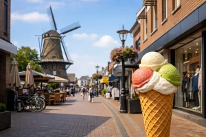 Realistisch straatbeeld in Ridderkerk met winkels en molen