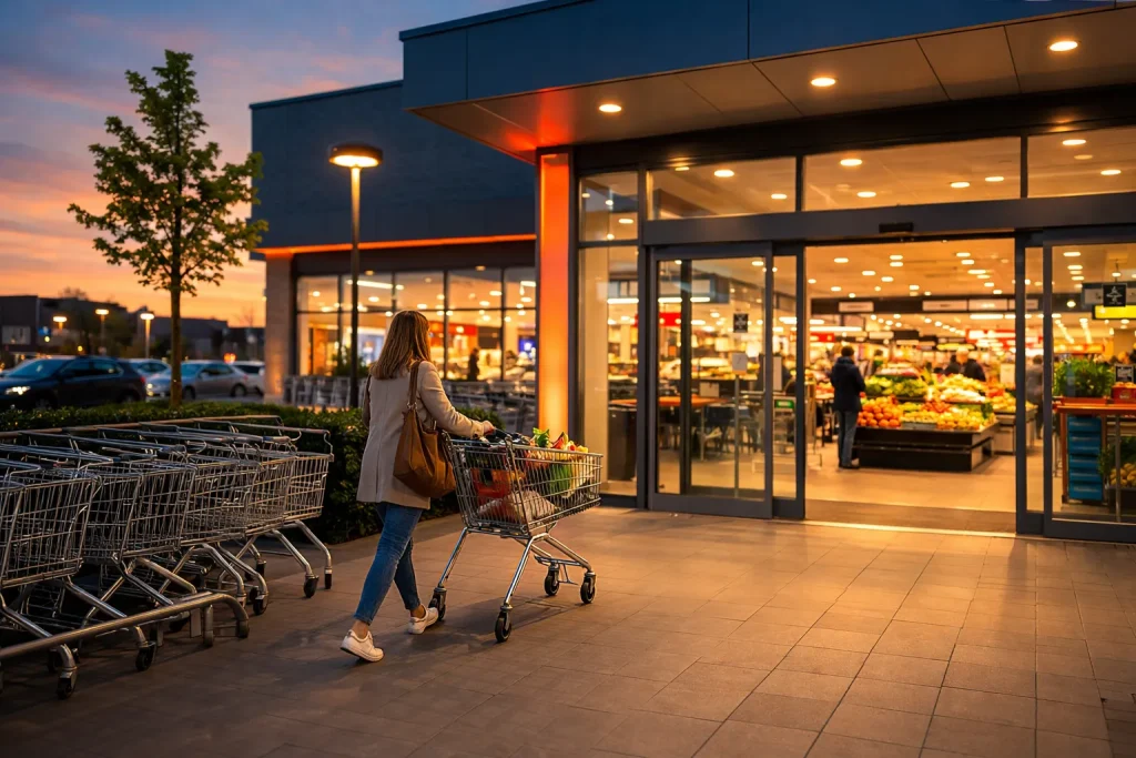 Realistische supermarkt ingang in Ridderkerk bij schemering