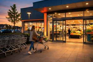 Realistische supermarkt ingang in Ridderkerk bij schemering