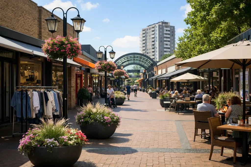 Winkelstraat in Ridderkerk bij zonsondergang, realistische foto zonder tekst.