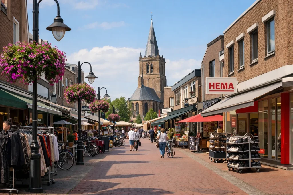 Winkelstraat in het centrum van Ridderkerk met winkels en terrassen, zonnige dag.