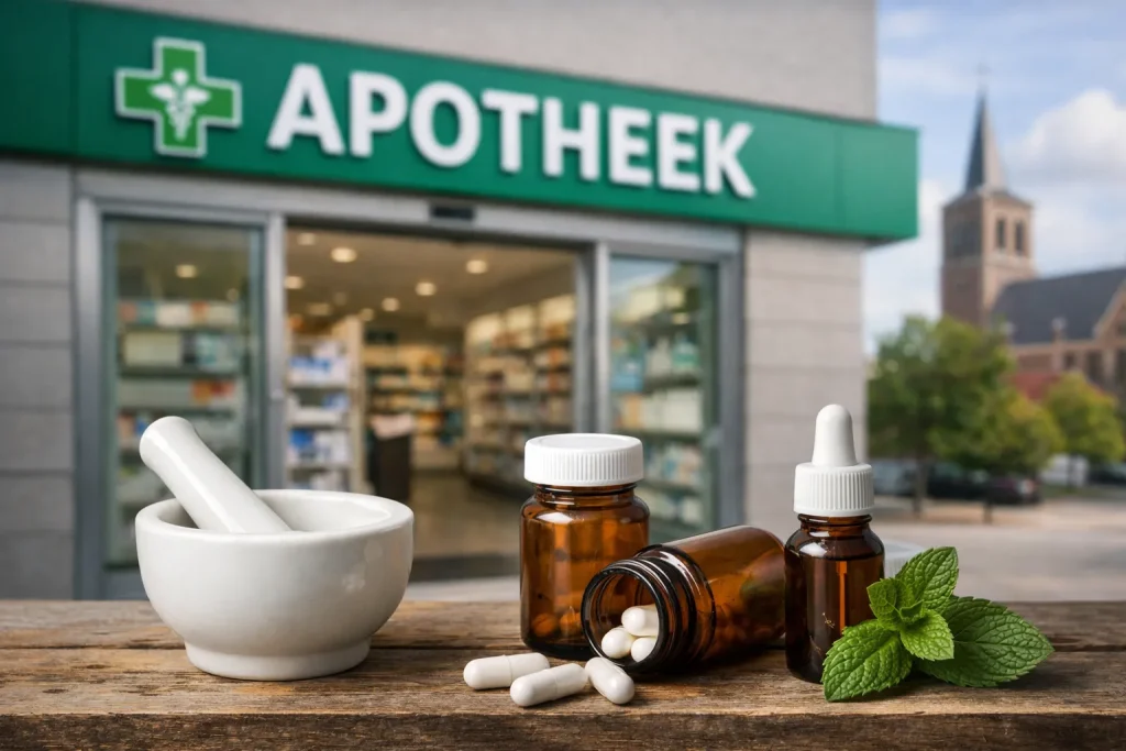 Apotheekgevel in Ridderkerk met medicijnflesjes op de voorgrond