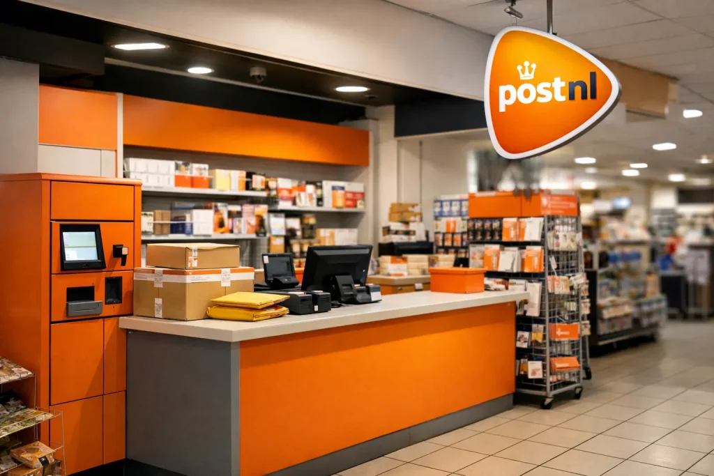 Realistisch PostNL servicepunt in Ridderkerk met balie en pakketten, zonder tekst in beeld.