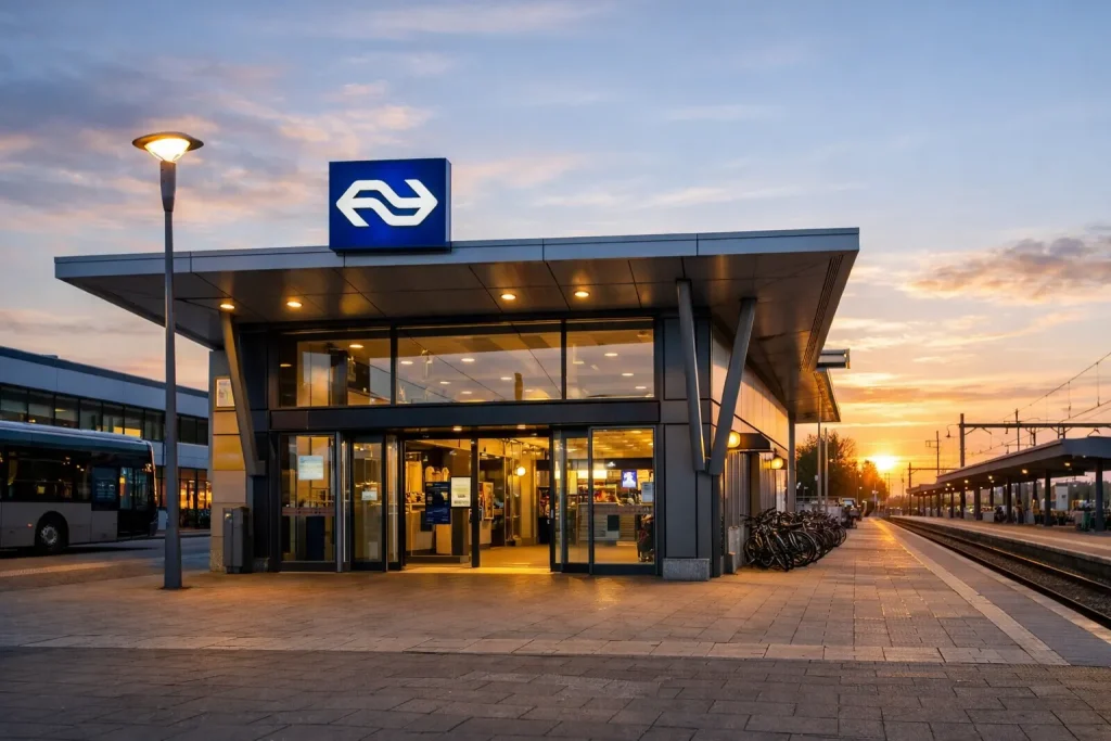 Ingang van station Ridderkerk bij zonsondergang