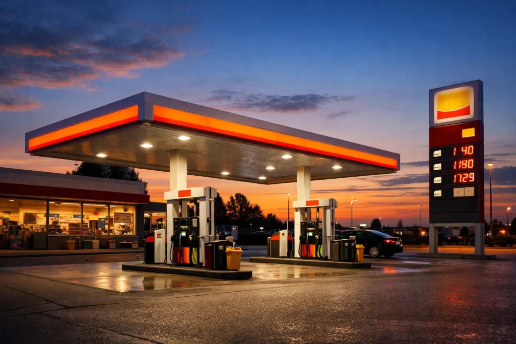 Realistisch tankstation in Ridderkerk met verlichte pompzone
