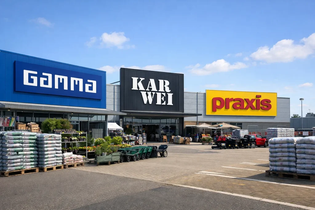 Realistische bouwmarktgevel in Ridderkerk, overdag, met parkeerterrein en buitenopslag.