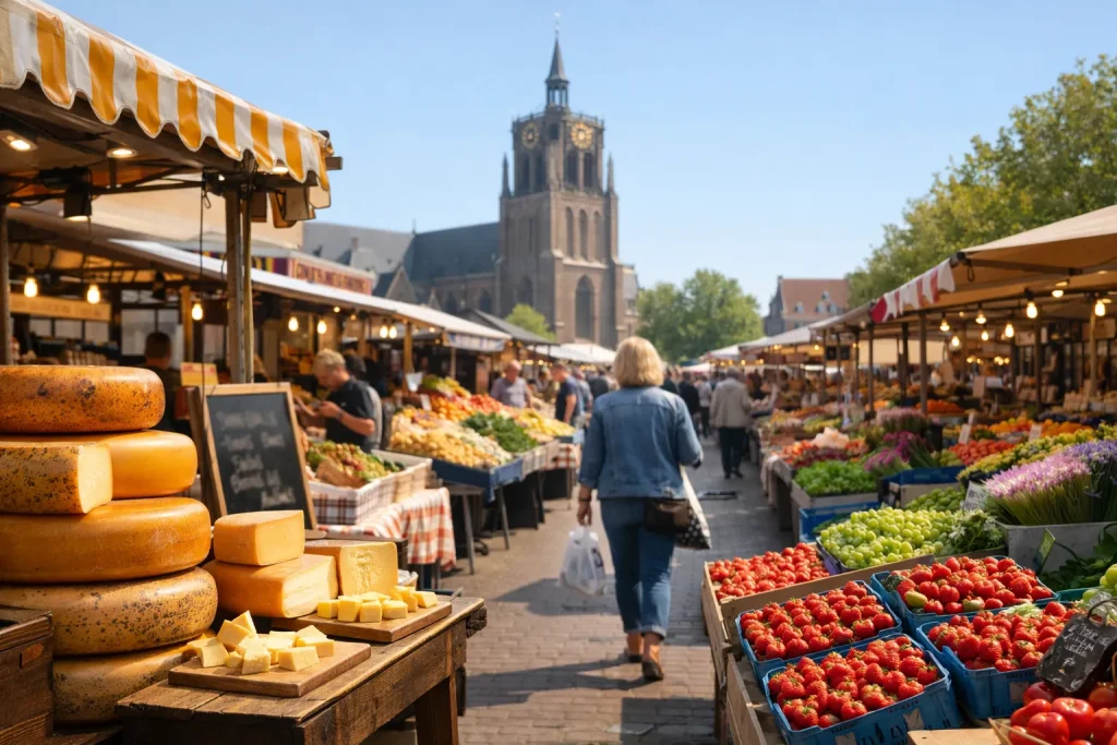 Drukke weekmarkt met kramen in Ridderkerk, overdag, realistisch