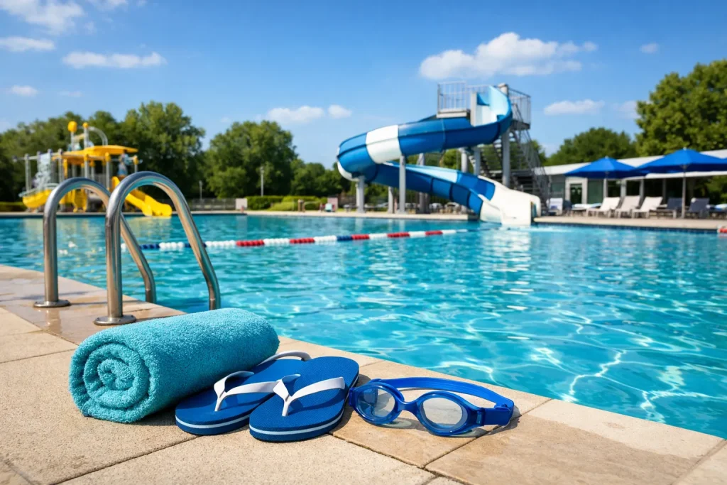 Realistische foto van een zwembad met glijbaan op een zonnige dag.