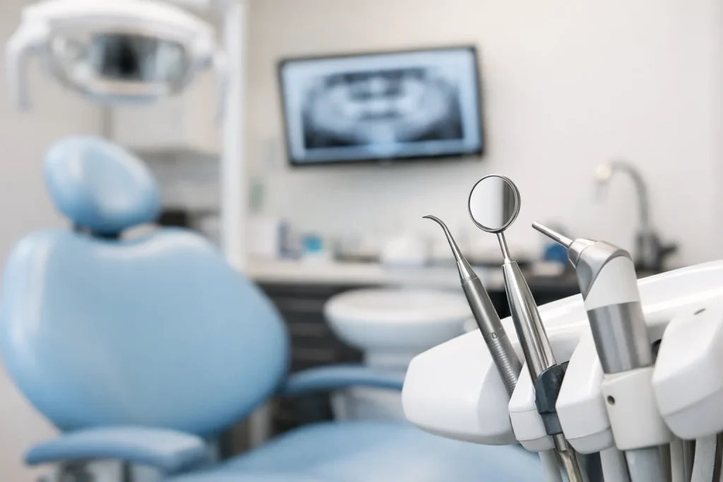 : Interieur van een tandartspraktijk in Ridderkerk, met tandartsinstrumenten en behandelstoel.