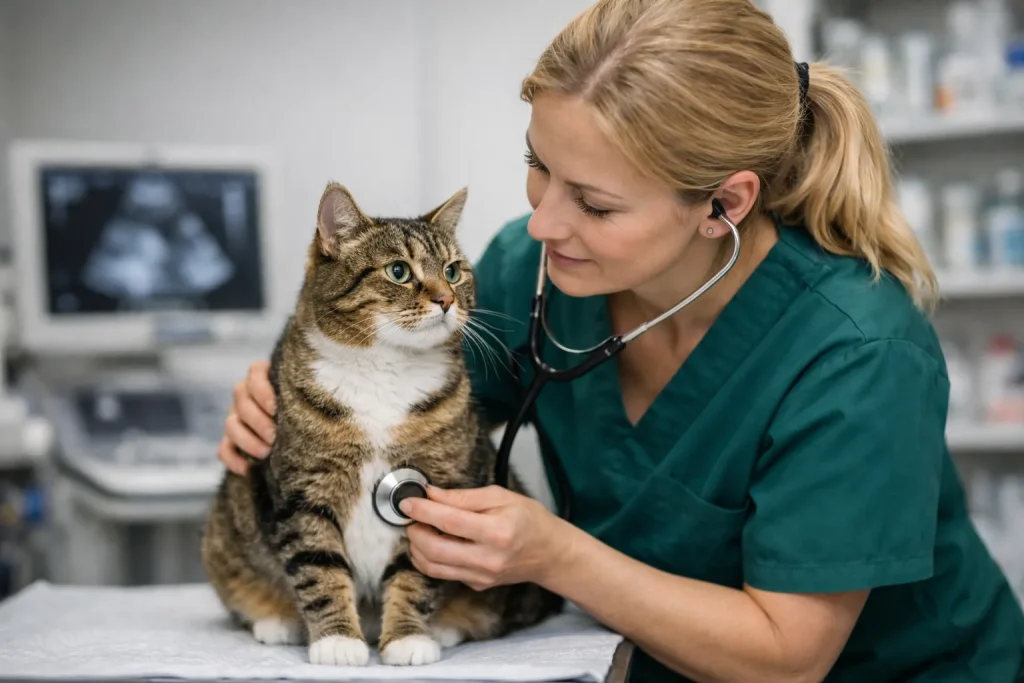 Dierenarts onderzoekt kat in kliniek, realistische foto zonder tekst.