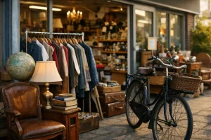 Ingang van een kringloopwinkel in Ridderkerk, met vintage spullen buiten.