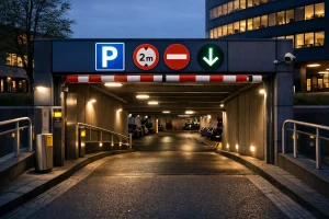 Inrit van een parkeergarage in Ridderkerk bij avondlicht