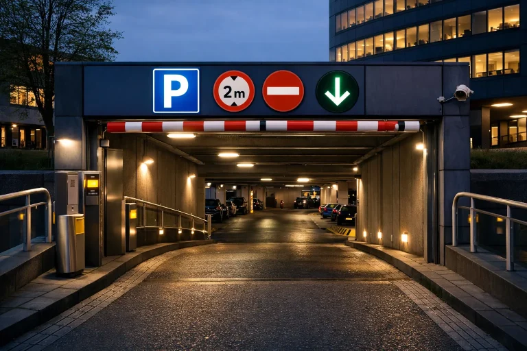 Inrit van een parkeergarage in Ridderkerk bij avondlicht