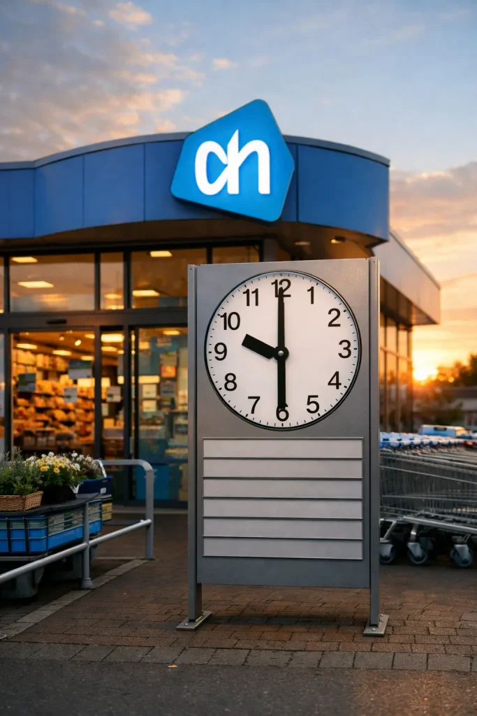 Albert Heijn supermarkt in Ridderkerk bij zonsondergang