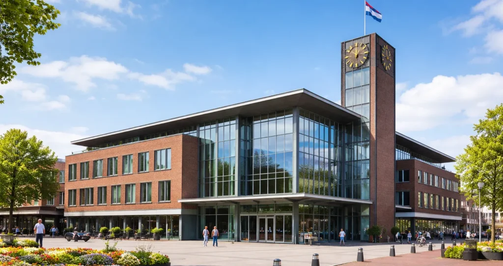 Stadhuis van Ridderkerk bij het Koningsplein met moderne gemeentelijke architectuur